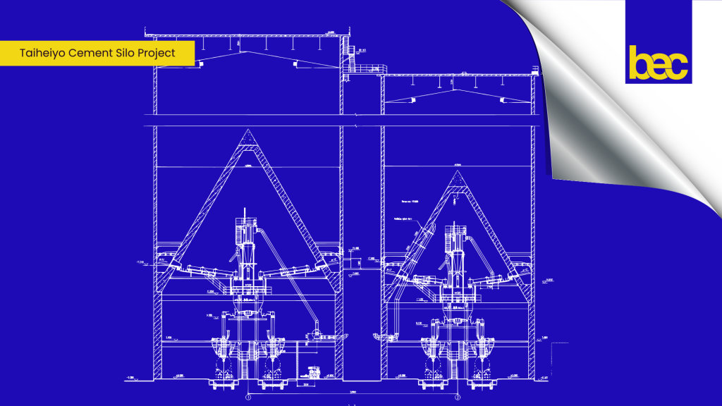 Blue print of cement silo at Taiheiyo Cement Silo Project showing twin inverted cones