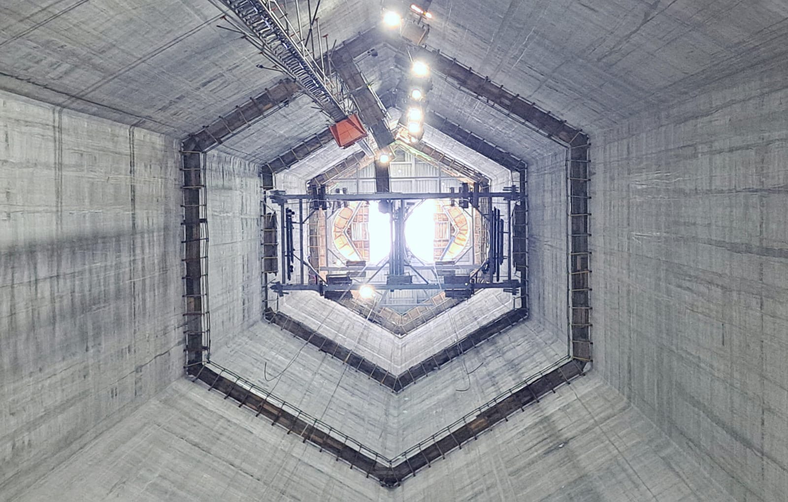 Looking up inside the second hexagonal chimney stack at Taichung Combined-cycle gas fired power plant
