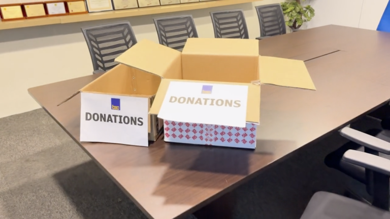 Donation Boxes set up in the office to receive goods